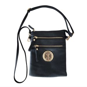 Multi Zippered Pocket Black Faux Leather Crossbody Bag